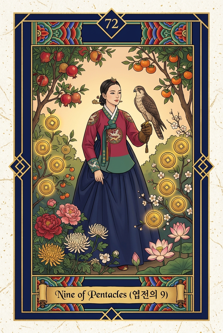 Nine of Pentacles (엽전의 9) — KSaju tarot card