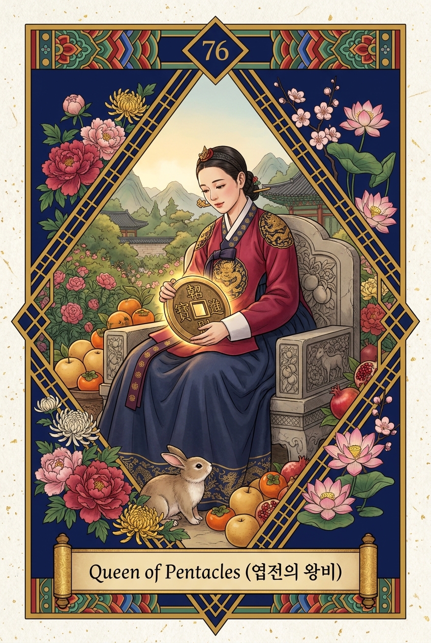 Queen of Pentacles (엽전의 왕비) — KSaju tarot card